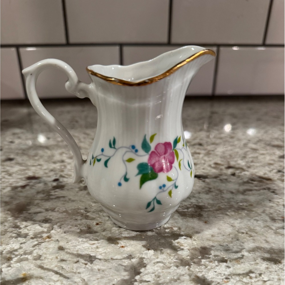 Walbrzych Poland Porcelain Floral Creamer Pink Flower Gold Rim Ribbed Vintage